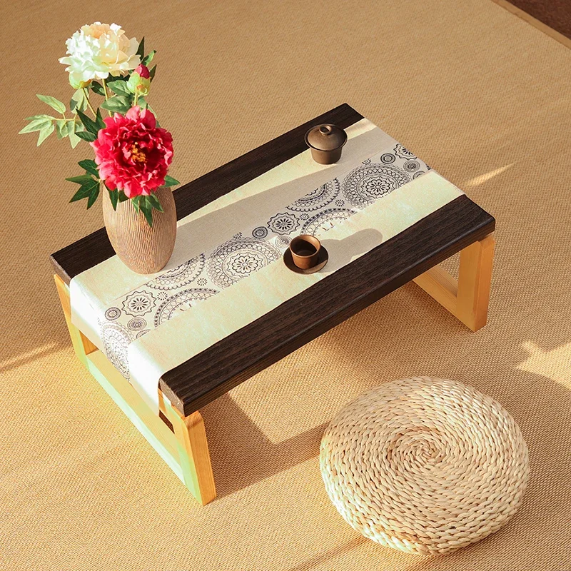 Japanese Floor Standing Folding Table Portable Solid Wood Coffee Table Low Tea Table for Living Room or Bay Window