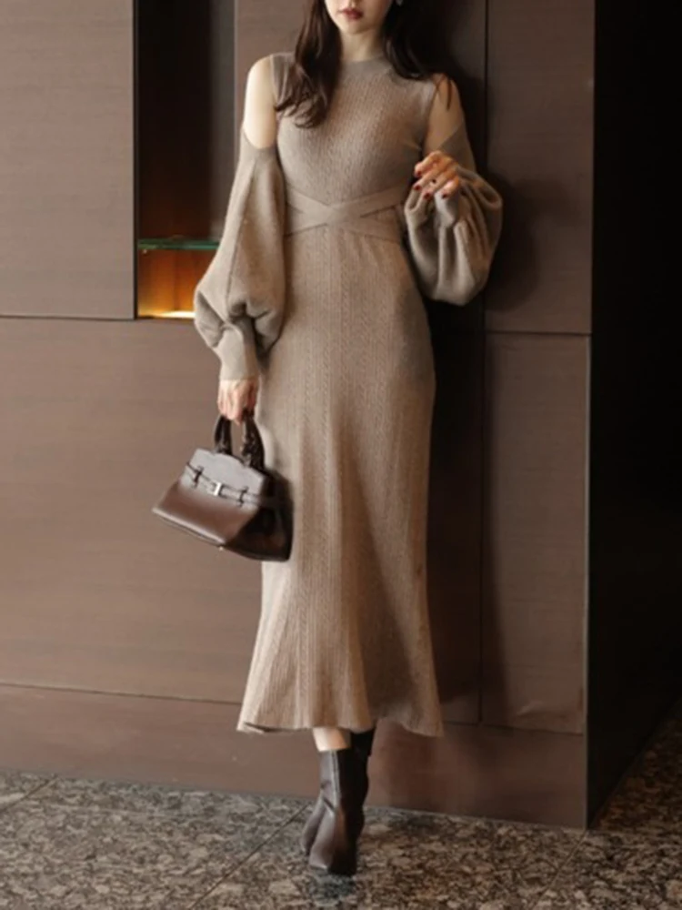 Japonês doce moda vestido de malha blusa conjunto de 2 peças outono inverno novo feminino fino ajuste elegante fora do ombro malha pulôver vestido