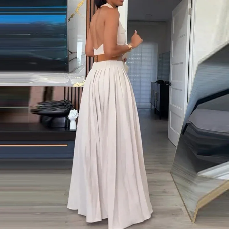 Abito lungo plissettato tinta unita con risvolto da donna Estate nuove camicie monopetto Abito elegante da festa sottile senza maniche senza schienale