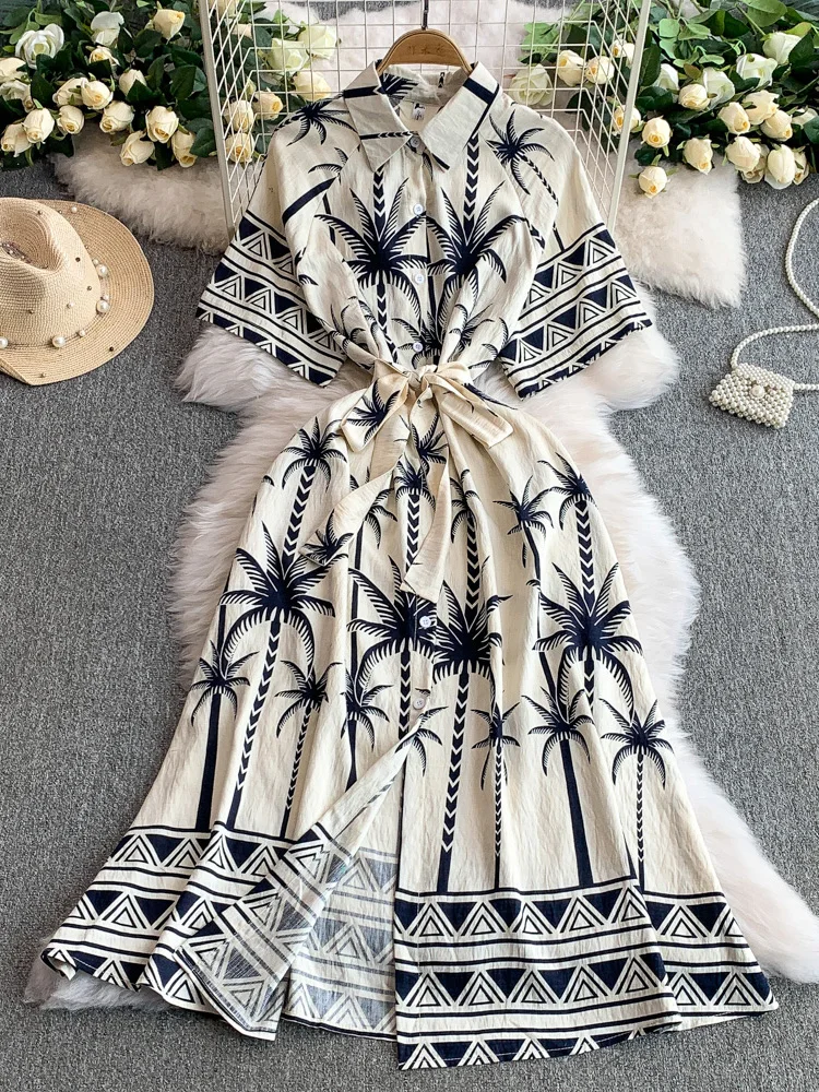 

Women's Summer Dress French Style Coconut Tree Print Lapel Short Sleeved Shirt Single Breasted Waist Cinching Vestidos DS177