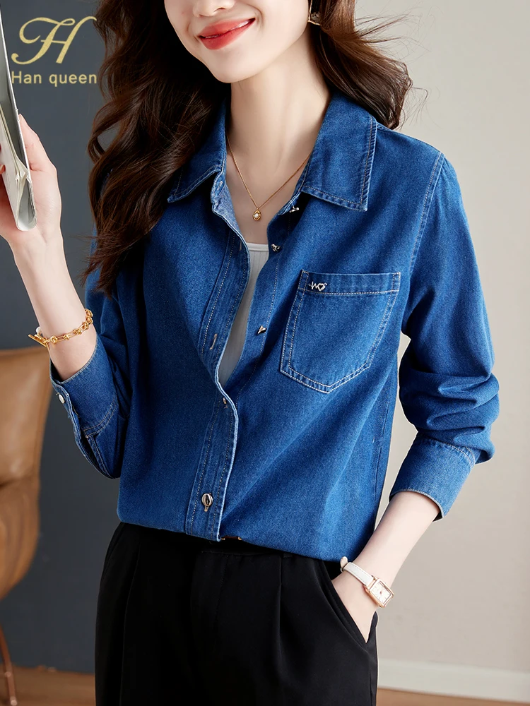 H Han Queen Autumn Blusas Simple Fashion Pocket Office Blouse Female Denim Shirt Long Sleeve Tops Casual OL Loose Blouses Women