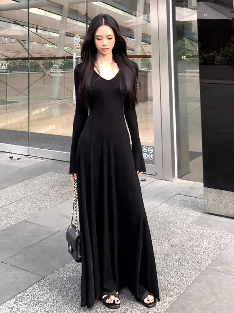 Bla V-Ne Long Sve Gebreid Dr Dames Herfst Winter Slim Fit Innerlijk Lang Dr Koreaanse Sle Hoge taille Polyestervezel