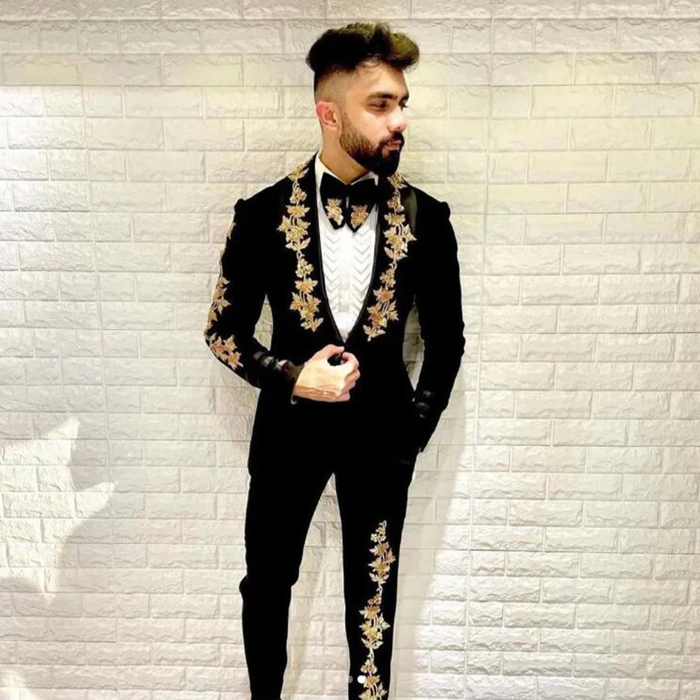 Man Velvet Suit Groom Wedding Tuxedos Gold Appliques Men's Blazer Bespoke 2 Pieces Formal Party Prom Dress Trajes De Hombre 2024