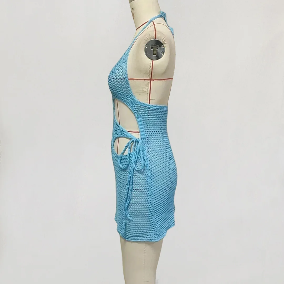 4-farbiges, V-Ausschnitt-Halfter-Kleid mit Ausschnitten, gehäkelt, gestrickt, Tunika, Strandkleid, Strandmode, Strandbekleidung, Strandüberwurf, Damen, V7001 – Detail 14