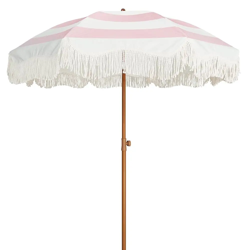 

Boho Fringe Umbrella Outdoor Patio, 6.5Ft Upf50+ Picnic Umbrella With Tassels With Steel Pole And Push Button Tilt, Pink