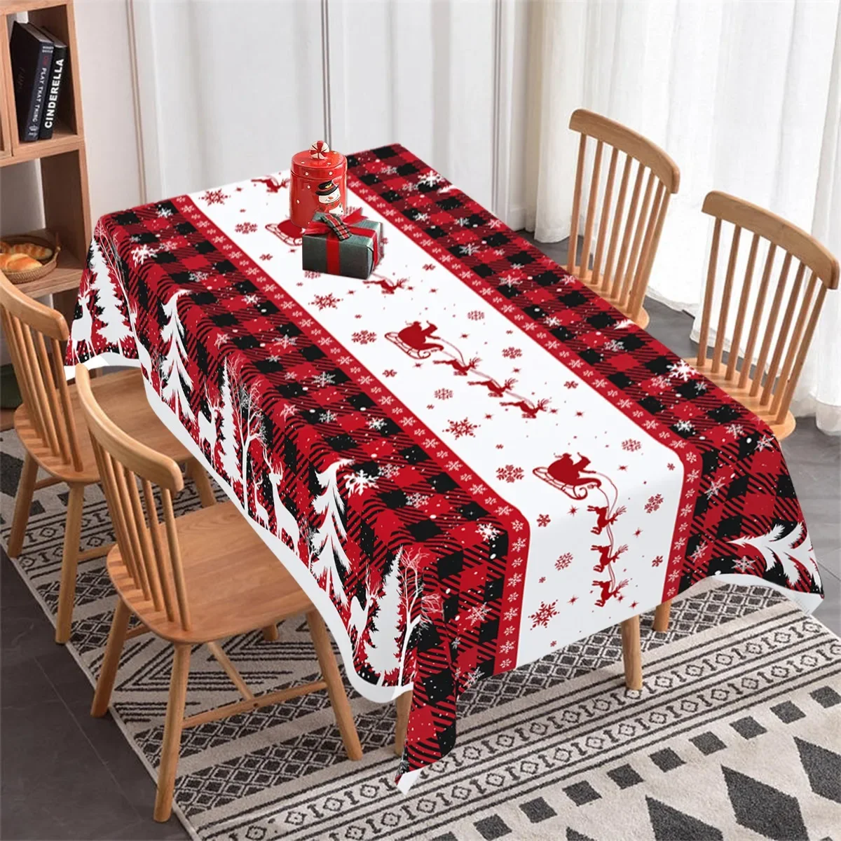 Cubierta de mesa de PE de alce de árbol de Navidad a cuadros, mantel de Navidad, adornos navideños para el hogar, regalos de Navidad, decoración de mesa de comedor 2024
