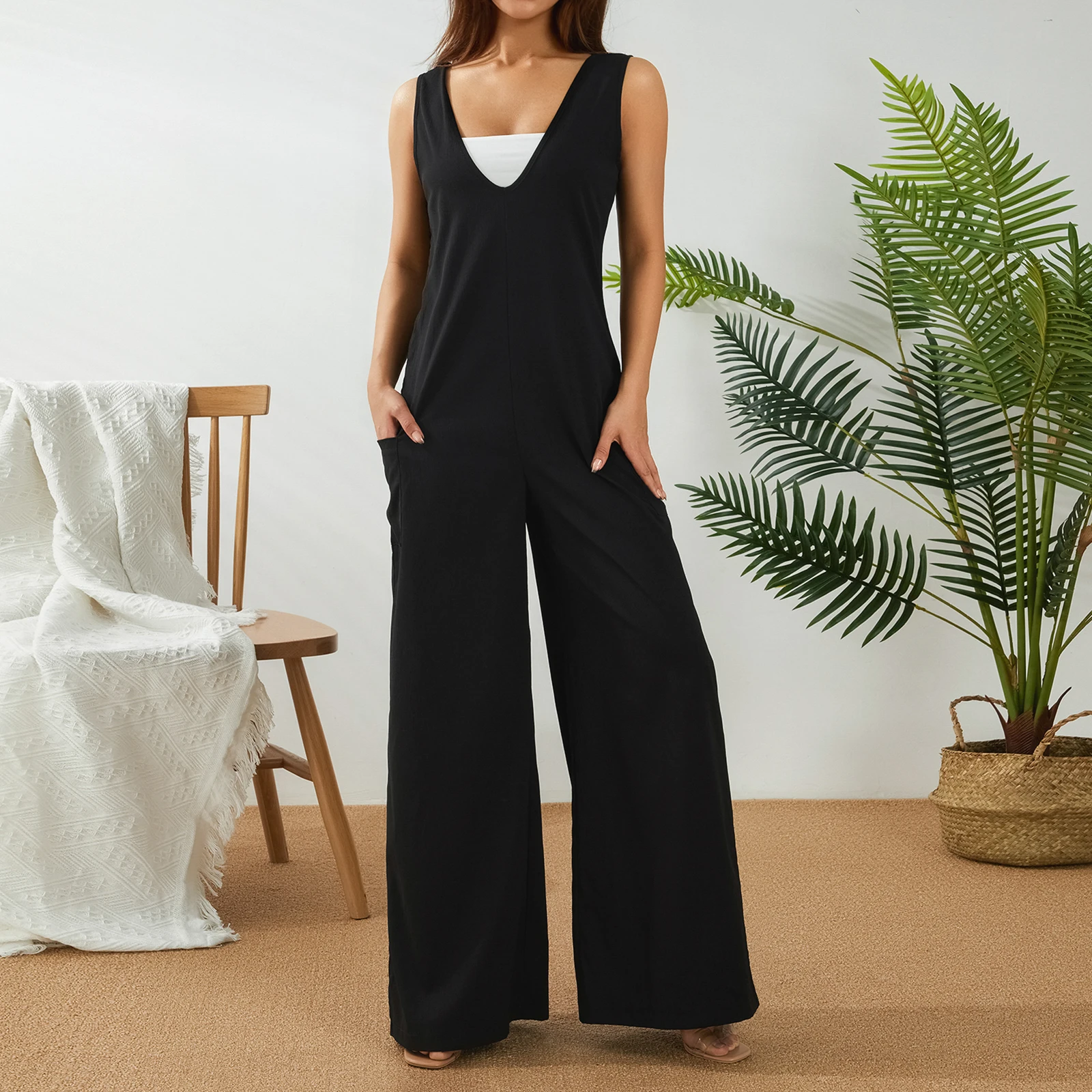 2022 New Women's Casual Elegant V Neck Jumpsuit Elegant Sleeveless Paneled Loose Long Wide Leg Pants with Pockets