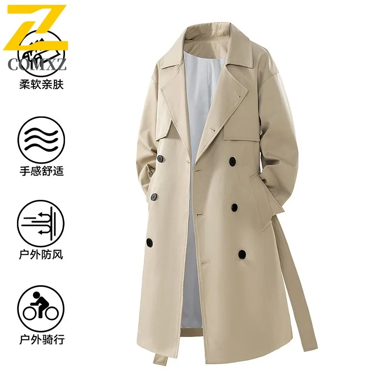 

COMXZ Men Windbreaker Double Breasted British Style Long Knee Length Trench Coat New Autumn Thin Commuting Office Jacket