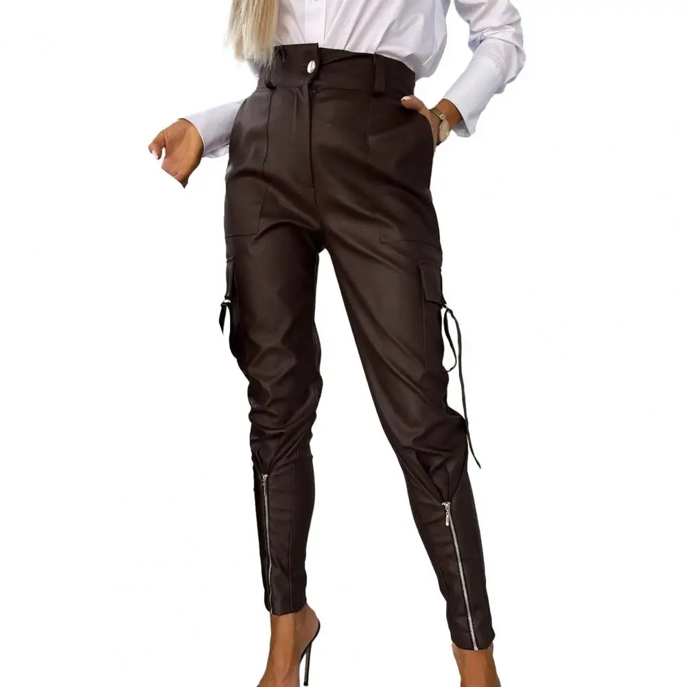 

Faux Leather Pants Stylish High Waist Faux Leather Pencil Pants with Zipper Decor Multi Pockets Women's Slim Fit Trousers for A