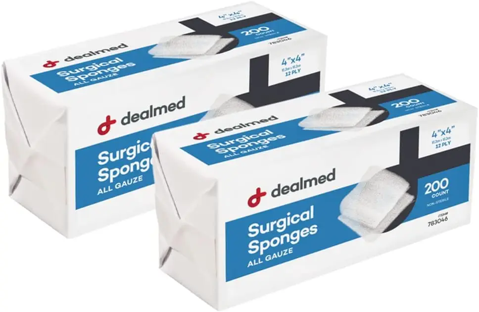 

4" x 4" Surgical Sponges, 12-Ply Gauze Pads, Non-Sterile Wound Care for First Aid Kit, 200 Count (Pack of 2)
