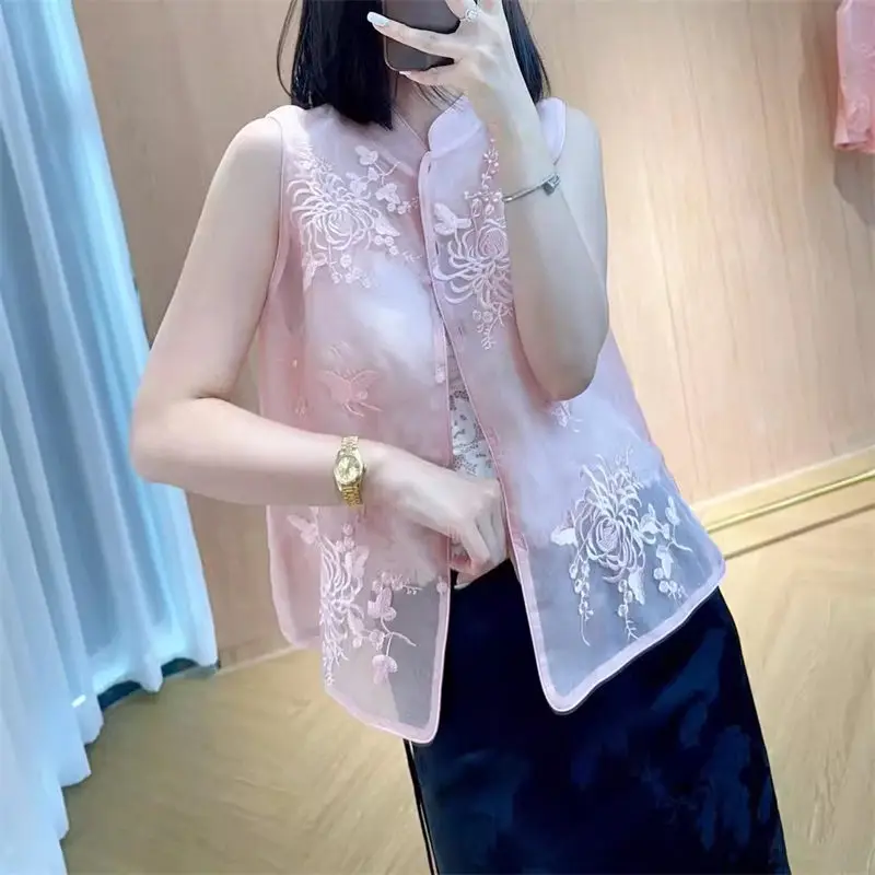 

Pink Silk Organza Vest 2024 Summer New Chinese Style Luxury Designer Women's Top Sleeveless Waistcoat Camisole K769