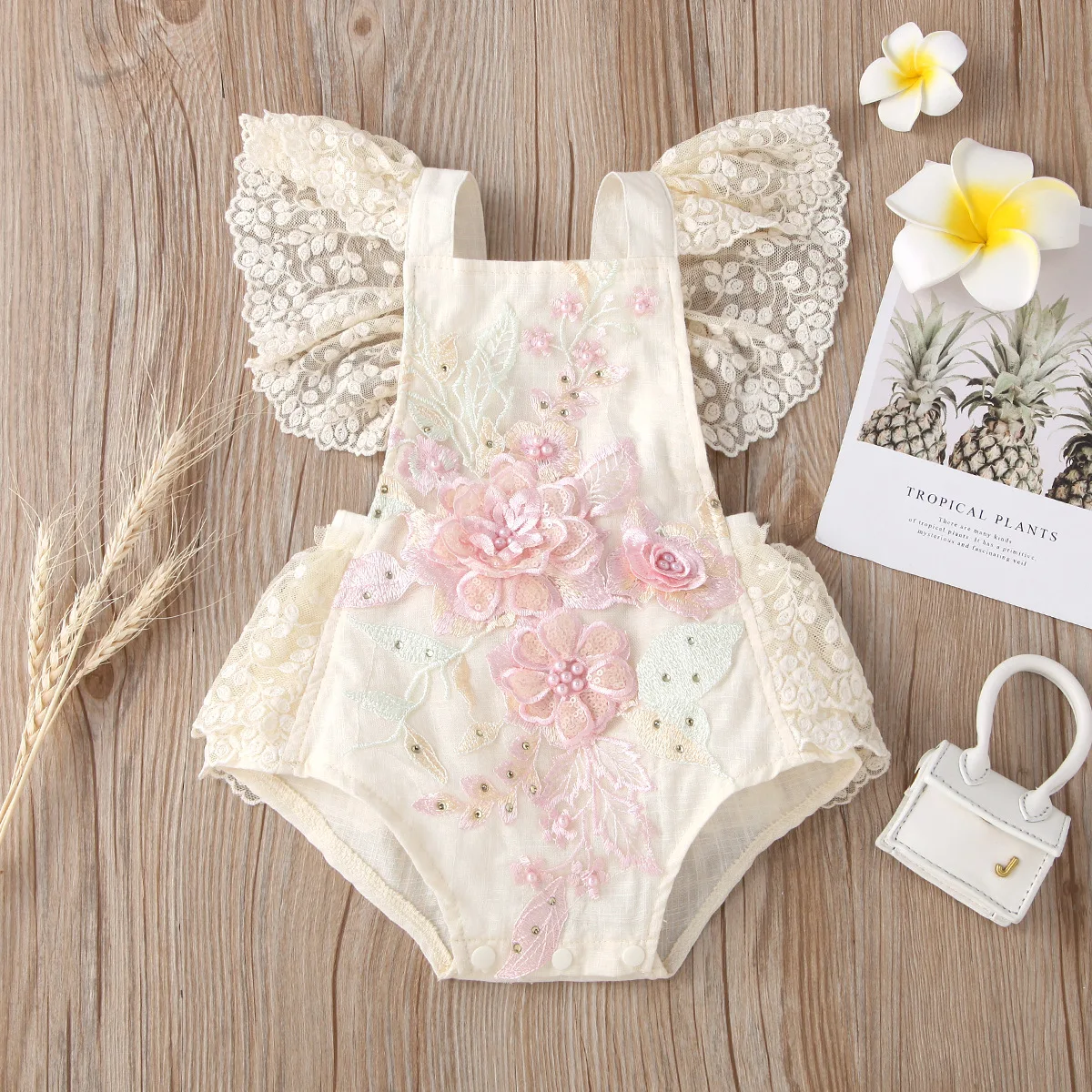 Infant Toddler Sleeveless Jumpsuit Romper 0-2Years Girls Lace Mesh Fly Sleeve Tie Embroidery Beads Triangle Climbing Jumpsuit