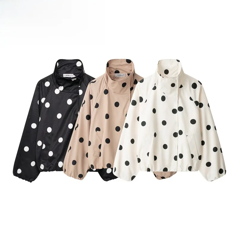 Fashionable Polka Dot Pilot Jacket Women's Short Outerwear Spring Autumn Season Standard Fit Long Sleeve Polyester Fiber