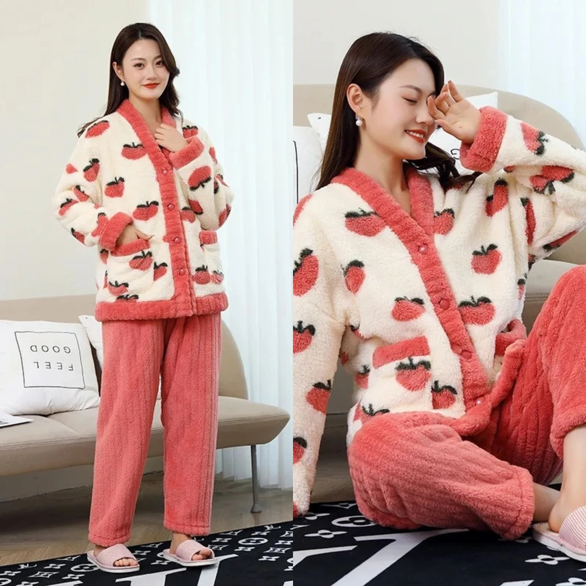 Autumn Winter Warm Flannel Women Pyjamas Set Peachthick Coral Velvet Long Sleeve Pajamas Set Leisure V-Neck Sleepwear for Lady