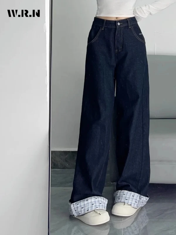 2025 Summer Sweet Vintage Style Jeans Women's Casual Plaid Print Mop Full Length Pants Y2K Harajuku Street Baggy Denim Trouser