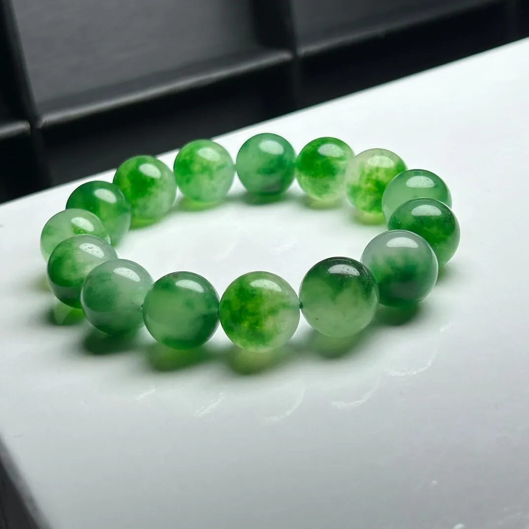 14mm Nature ice Green flower Burmese Jade jadeite Round Beads Bracelets Bangle