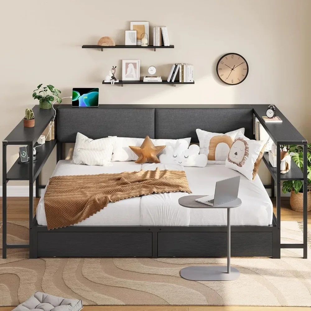 Letto matrimoniale angolare con 2 cassetti e spazio di archiviazione nascosto, lettini a grandezza naturale con stazione di ricarica, letti con piattaforma in metallo