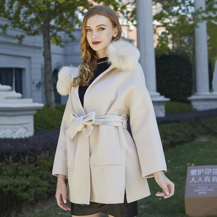 

JANEFUR шерстяная куртка женская женская с капюшоном женская шерстяная куртка с воротником из лисьего меха повседневная зимняя шерстяная куртка шерстяное пальто кашемировое пальто