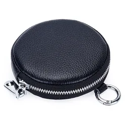 Porte-monnaie rond en cuir véritable avec fermeture éclair pour femme, sac de rangement minimaliste pour petits objets, porte-clés, changement de poudres, portefeuille, 2024