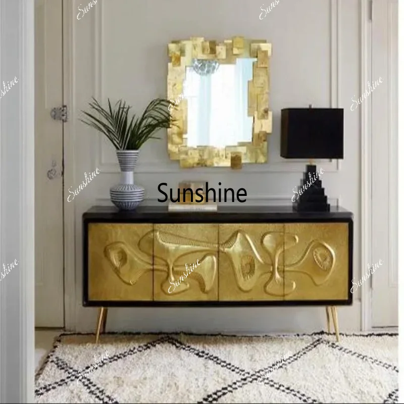 

-Jonathan Adler Reform Credenza Cabinet Metal Legs Relief Texture Sculpted Solid Wood Door Living Room Furniture