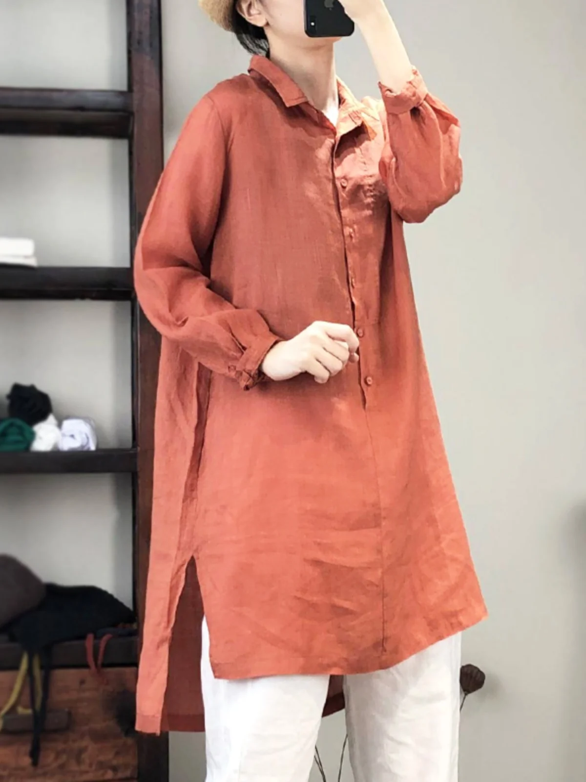 High-End Women's Artistic  Color Loose Fit Long Sve Cotton Linen irt Overhead Sle Korean Commute Faion