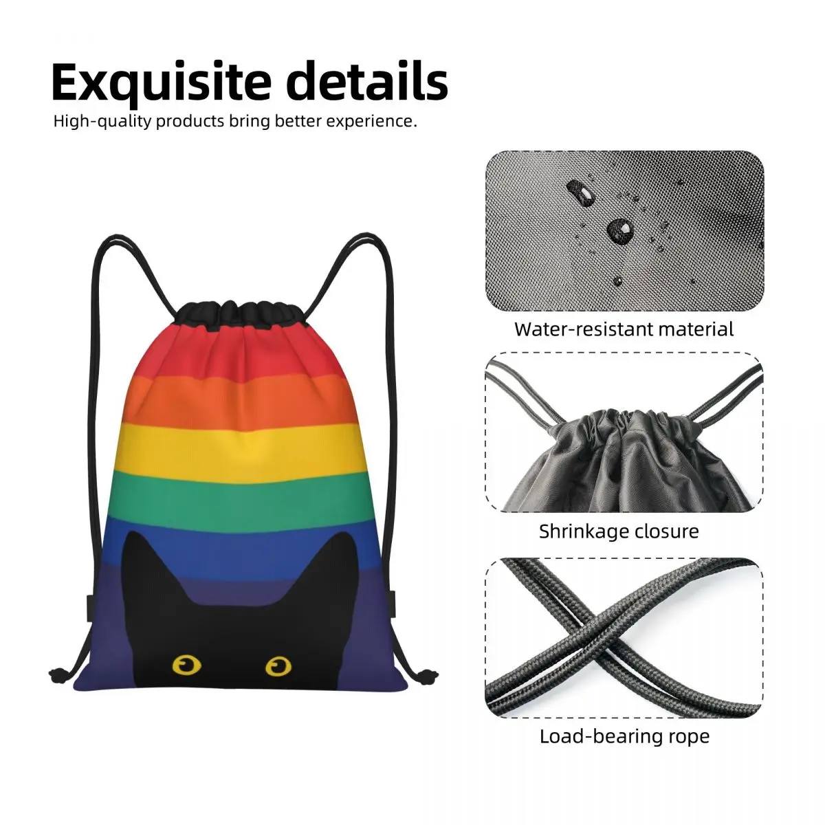 Sacs à dos de yoga personnalisés pour hommes et femmes, sac de sport LGBT Gay Pride, sac de sport Peeking Cat in Rainbow Circle, sacs à cordon de proximité pour l'entraînement