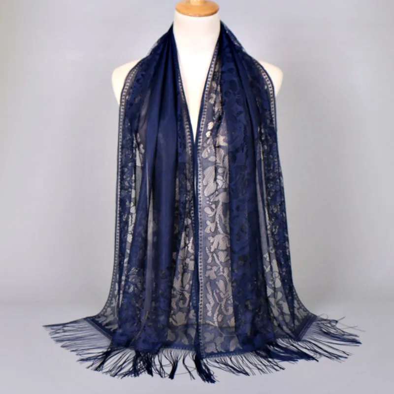 

Summer Long Chiffon Shawl Scarf for Women, Solid Color Lace Hollow Tassel Wrap, Ethnic Style Head Cover