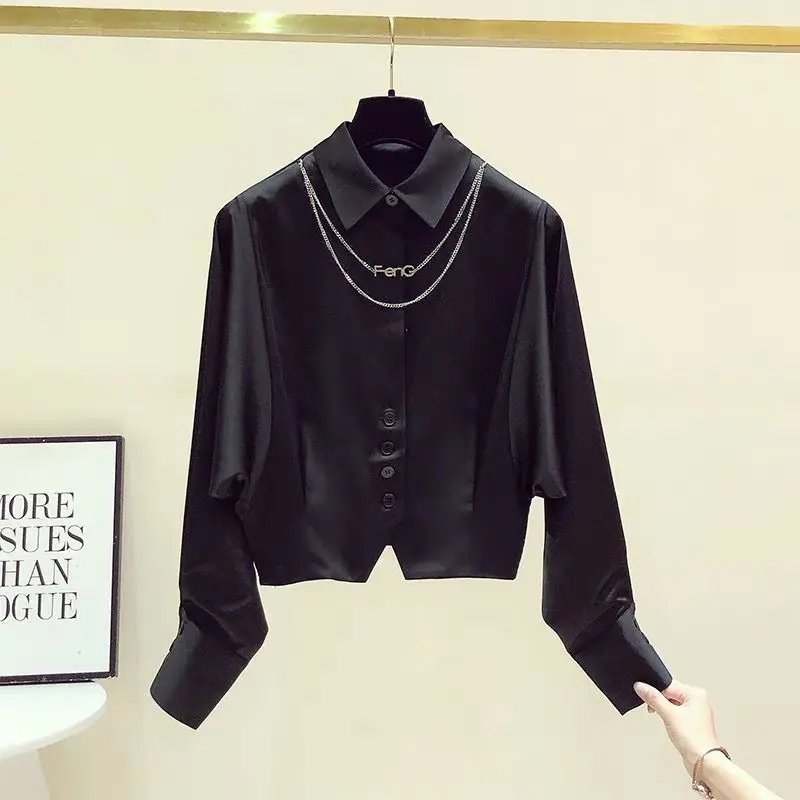 Elegant Chic Short Shirt Tops Spring New Long Sleeve Polo Neck Solid Button Fashion Blouse Temperament Korean Women Clothing