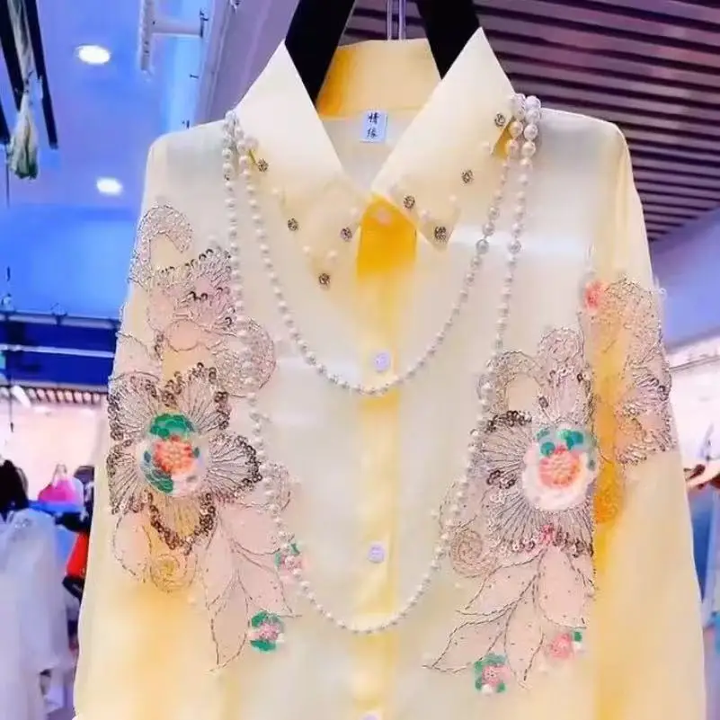 

Шифоновый кардиган с блестками, жемчугом и цветами, топ для женщин, трендовая новая модная солнцезащитная рубашка, блузка, женская одежда