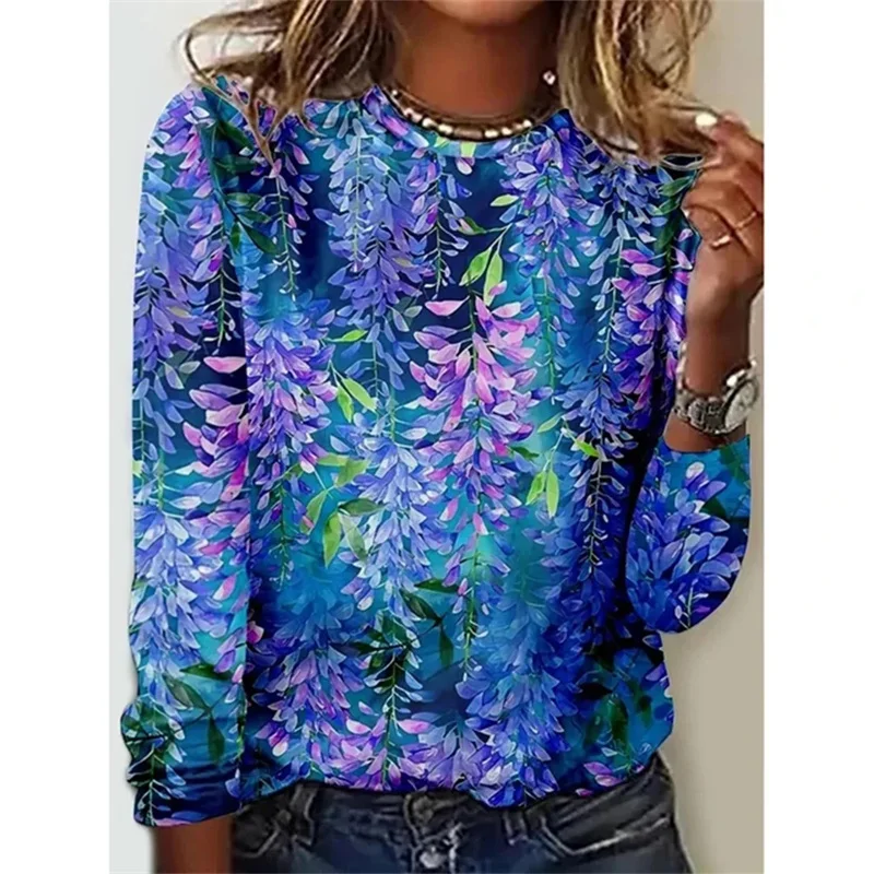 Fashion Colorful T Shirts For Women Fashion Casual Street Long Sleeve Tops O Neck Pullovers Florals 3D Women Tshirts Clothes