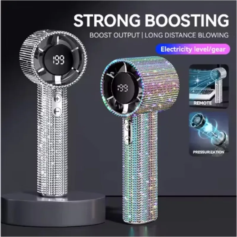 High Speed 199 Speed Digital Display Mini Portable Handheld Fan Usb Fan Gift Fashion Shiny Diamond Style Mini Hand Fan for Women
