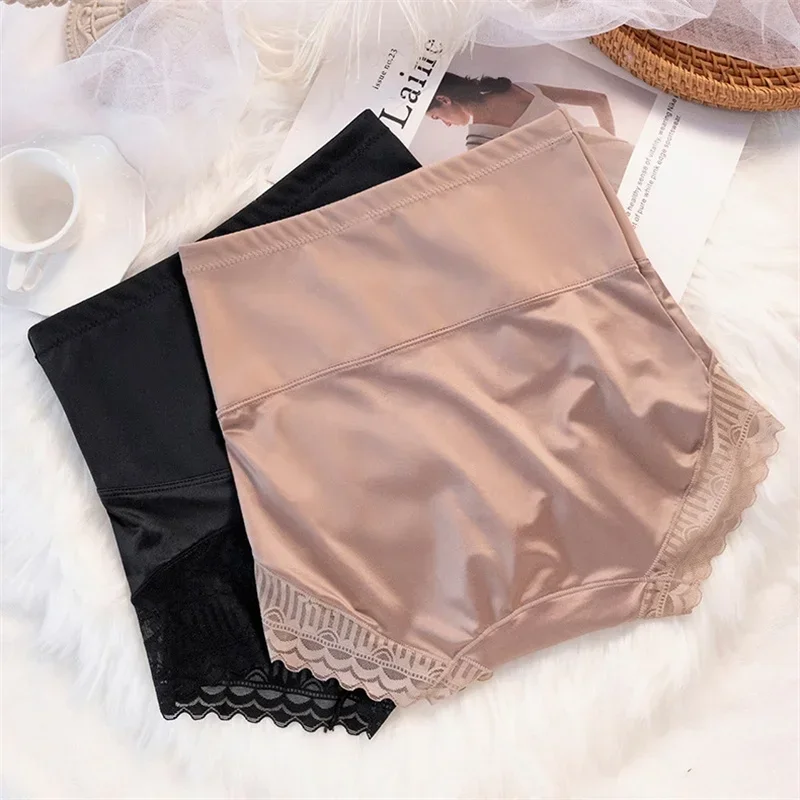 Sexy Lace Ice Silk Women Panties High Waist Seamless Panty Underwear Body Shaper Thin Soft Breathable Antibacterial Female Brief