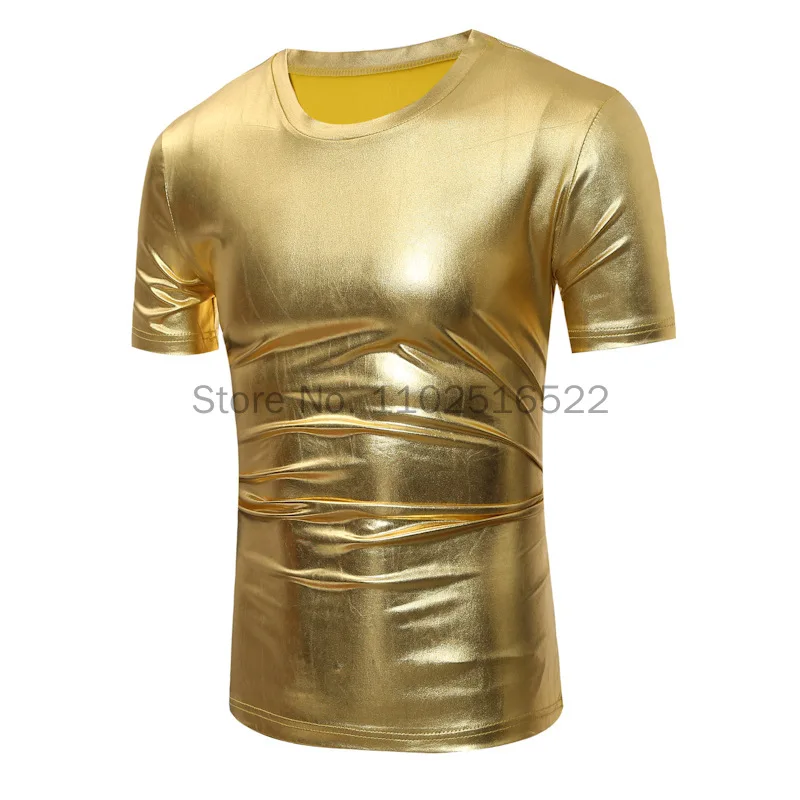 

Men Shiny Metallic T-Shirt Short Sleeve Black Gold Silver T-Shirt for Nightclub Stage Performance Costume Jazz Hip Hop Dancewear