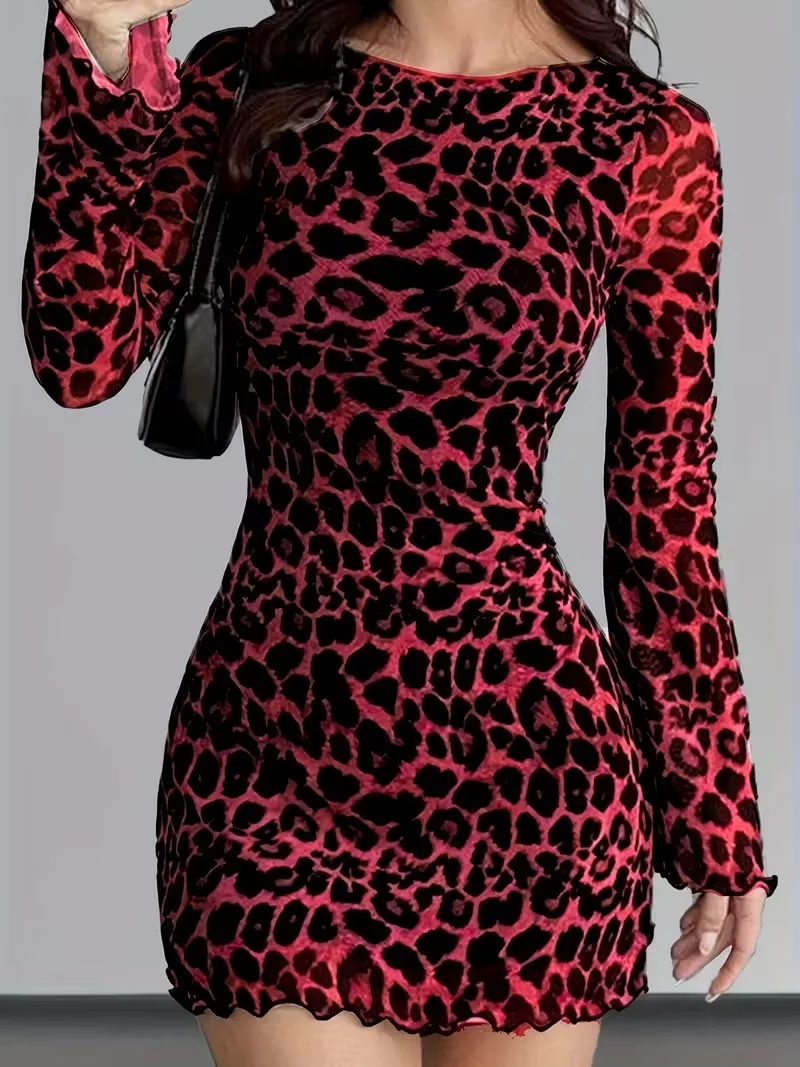 Damen-Minikleid, Rundhalsausschnitt, Leopardenmuster, lange ausgestellte Ärmel, figurbetontes Kleid für Damen, Kleid für den Abend, Club- oder Partykleid. – Detail 22