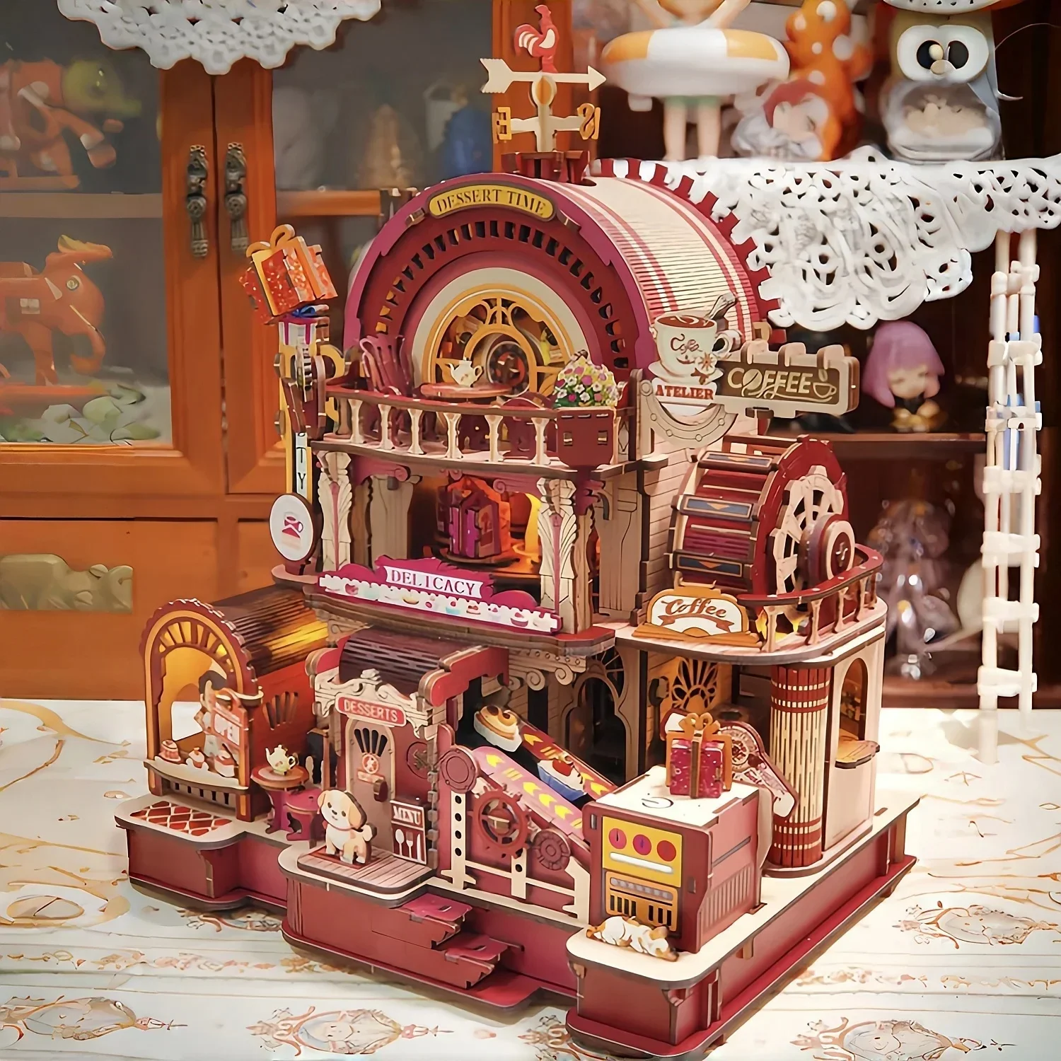 DIY Wooden Mechanical Rotation Dessert Shop Cottage Figurines Miniatures Kits Assembled Casa for Birthday Gifts Home Decor Craft