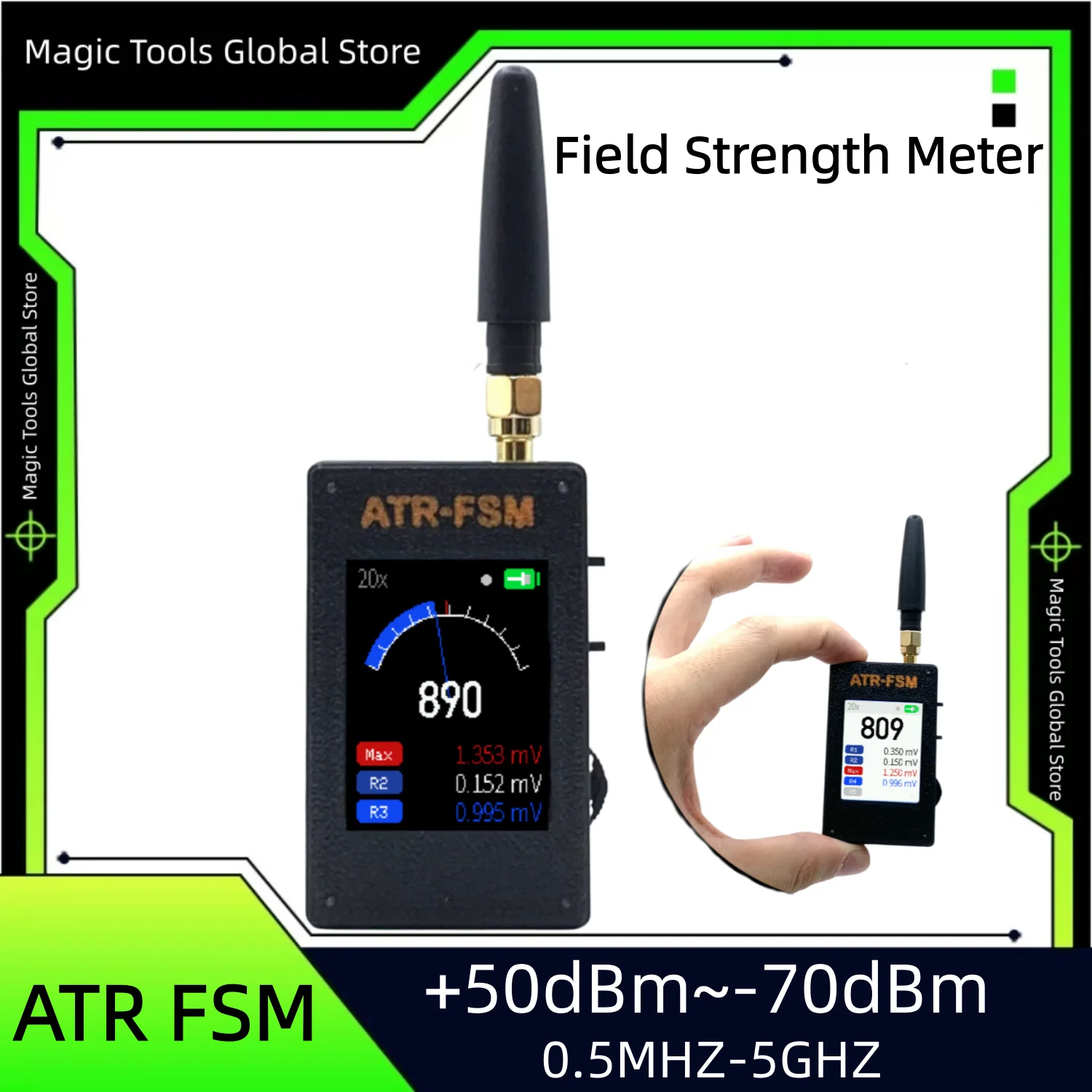 ATR-FSM Handheld Field Strength Meter 0.5MHz-5GHz +50dBm to -70dBm Gain Attenuation Portable EMF Signal Detector