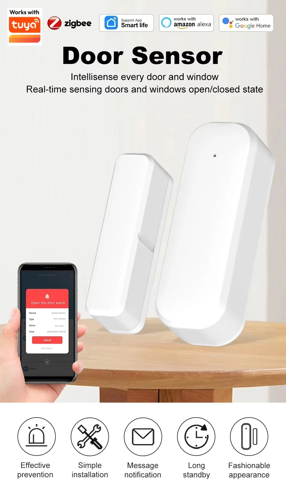 Zigbee 3.0 Tür- und Fenstersensor, Sicherheits-Magnetkontakt-Detektor, APP-Fernalarm für Alexa, Google Home Hub erforderlich – Detail 8