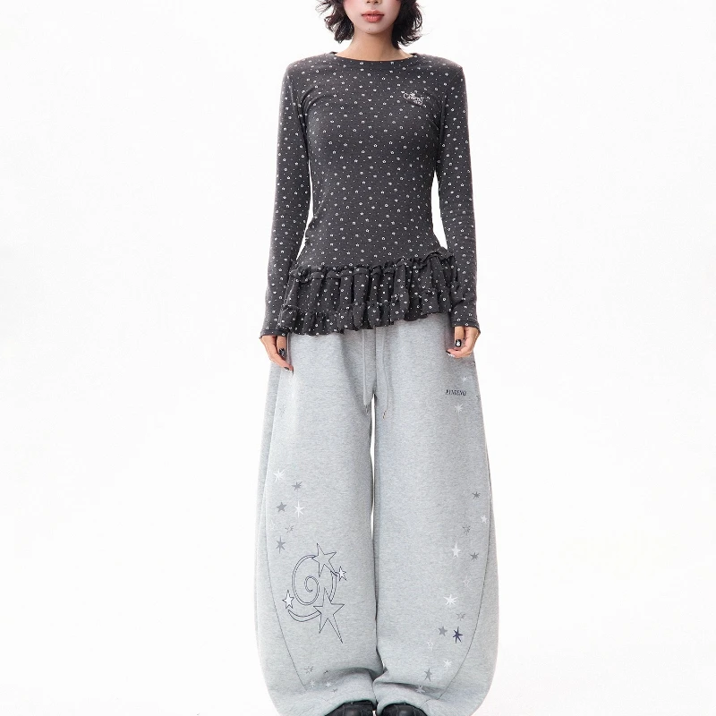 American Star Print Fleece-Lined Women's Casual Pants Winter New Design Loose Slimming Versatile Wide-Leg Long Trousers Ladies