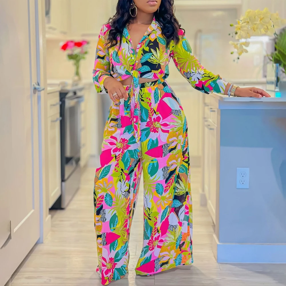 2 Piece Women Sets 2024 New Arrival Summer Autumn Matching Sets Flower Print Two Pieces Sets Top Pants Suits Outfits Clothing