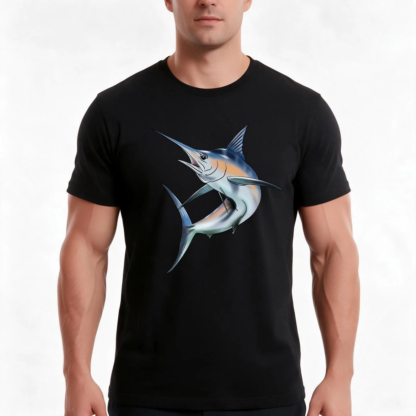 marlin T-Shirt, Summer Casual Cotton Tee, Oversized Streetwear Tops, Vintage Graphic Print, Loose Fit Short Sleeve, 100% Cotton