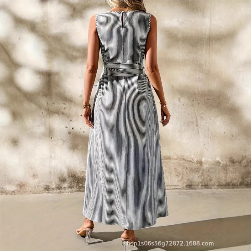 2026 New Summer Dress Striped Cuff Free Pocket Strap Elegant Fashionable And Comfortable Waist Collection Banquet Style Vestidos