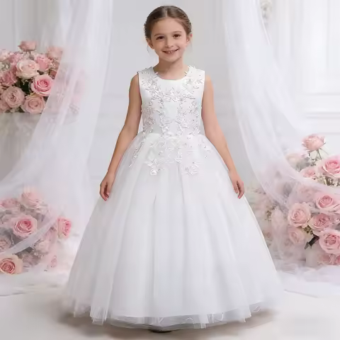 White Costume For Girls Bridesmaid Wedding Dress Teen Girl Baptismal Dress Elegant Piano Performance Princess Dress Evening Gown