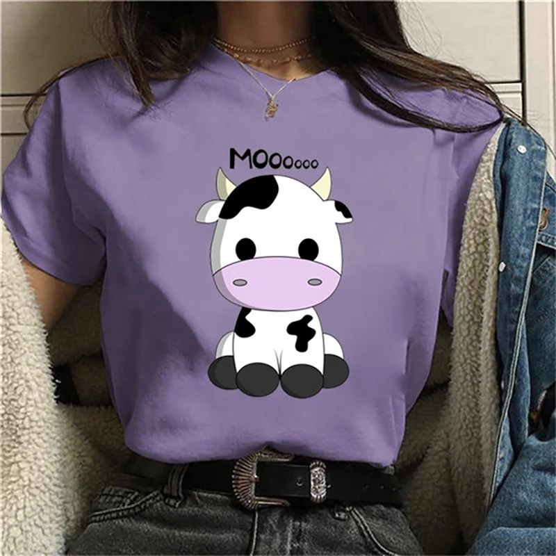 Cute Cows Heifer Moo Graphic Print T-shirt Women Fashion Crew Neck Short Sleeve Streetwear Casual Personality Tops