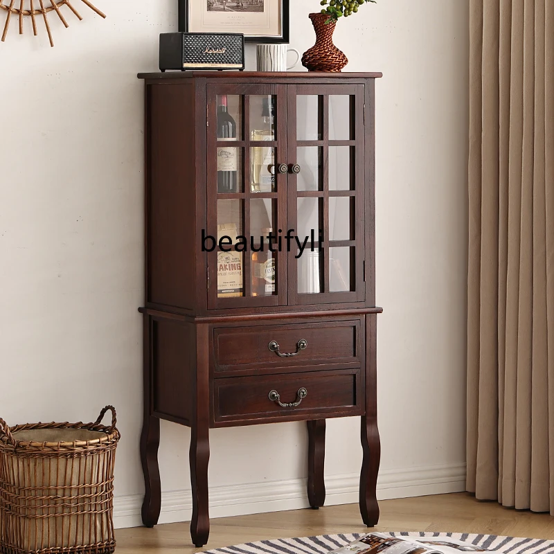 American retro wine cabinet living room storage display cabinet with door against wall solid wood bookcase image 3