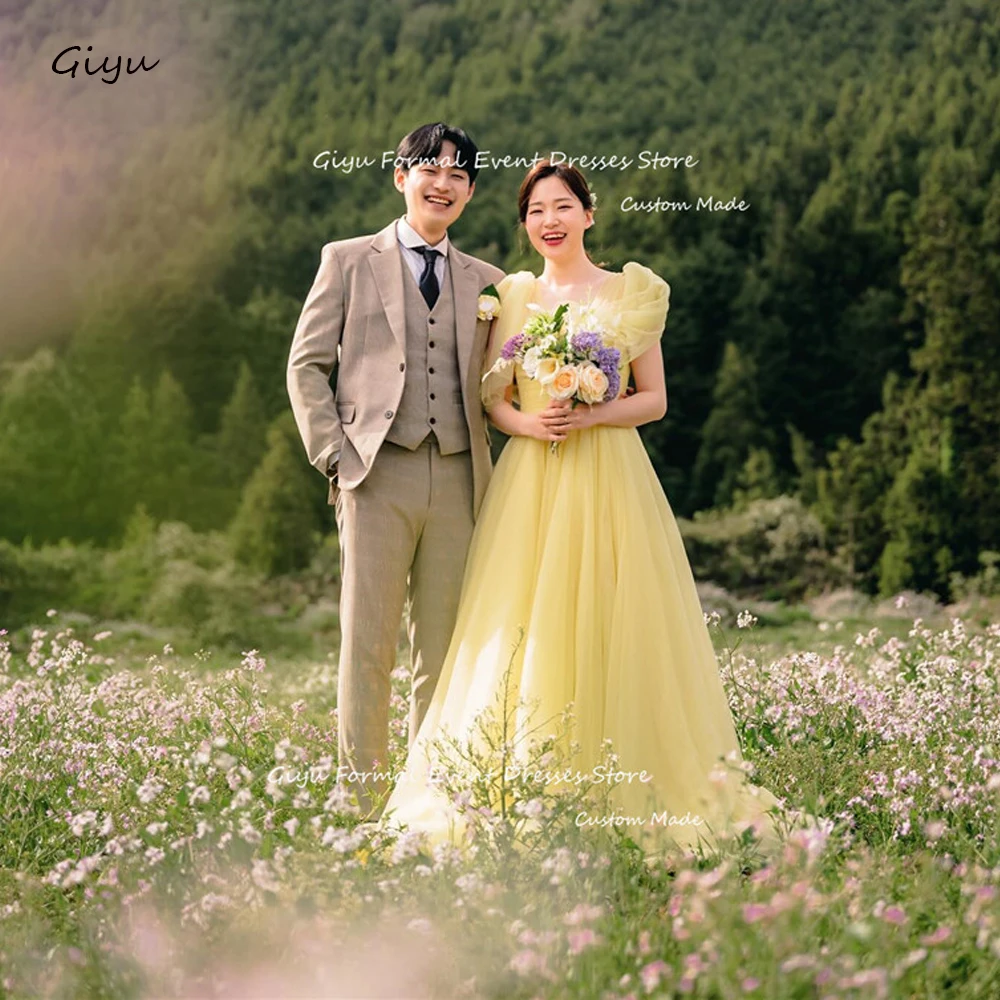 

Giyu Fairy Yellow A Line Wedding Dresses Korea Photoshoot Puff Sleeves Sweetheart Tulle Garden bride Dress Formal Evening Gowns