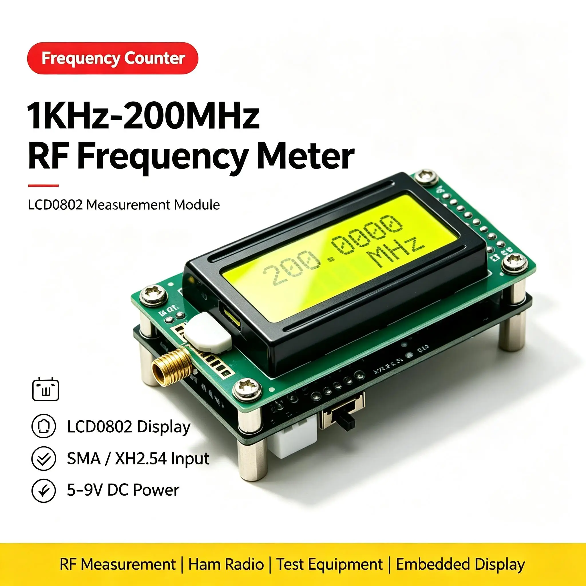 LCD0802 1KHz-200MHz RF Frequency Counter Tester Module 7bit Digital Frequency METER SMA Signal Measurement Ham Radio Cymometer