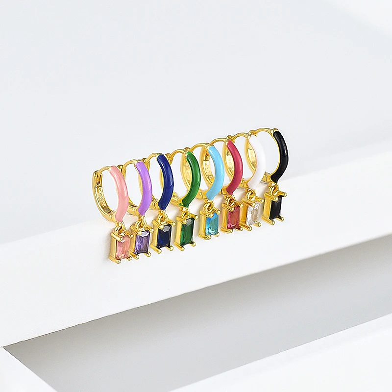 FLORATO 925 Sliver Ear Needle Rectangular Pendant Enamel Multicolor zircon Hoop Hanging Earrings For Women Fashion Party Jewelry