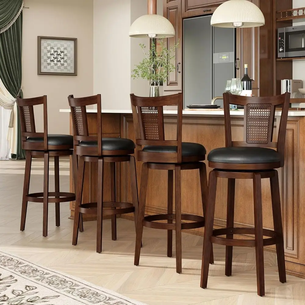 

Set of 4, 30 High Back PU Leather Swivel Bar Stools, Wooden with Wrap-Around Footrest for Kitchen Island or Pub, Brown