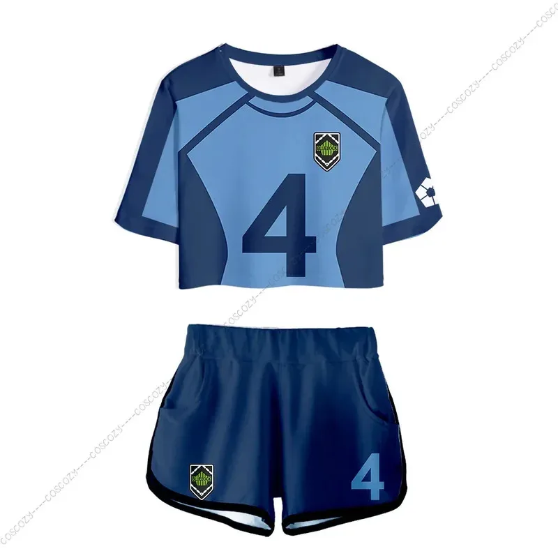 2023年新作 ブルーロック レディース ツーピースセット ショートパンツ+クロップトップス Tシャツ 夏服 ヒップホップ バチラヨウイチ ストリートウェア