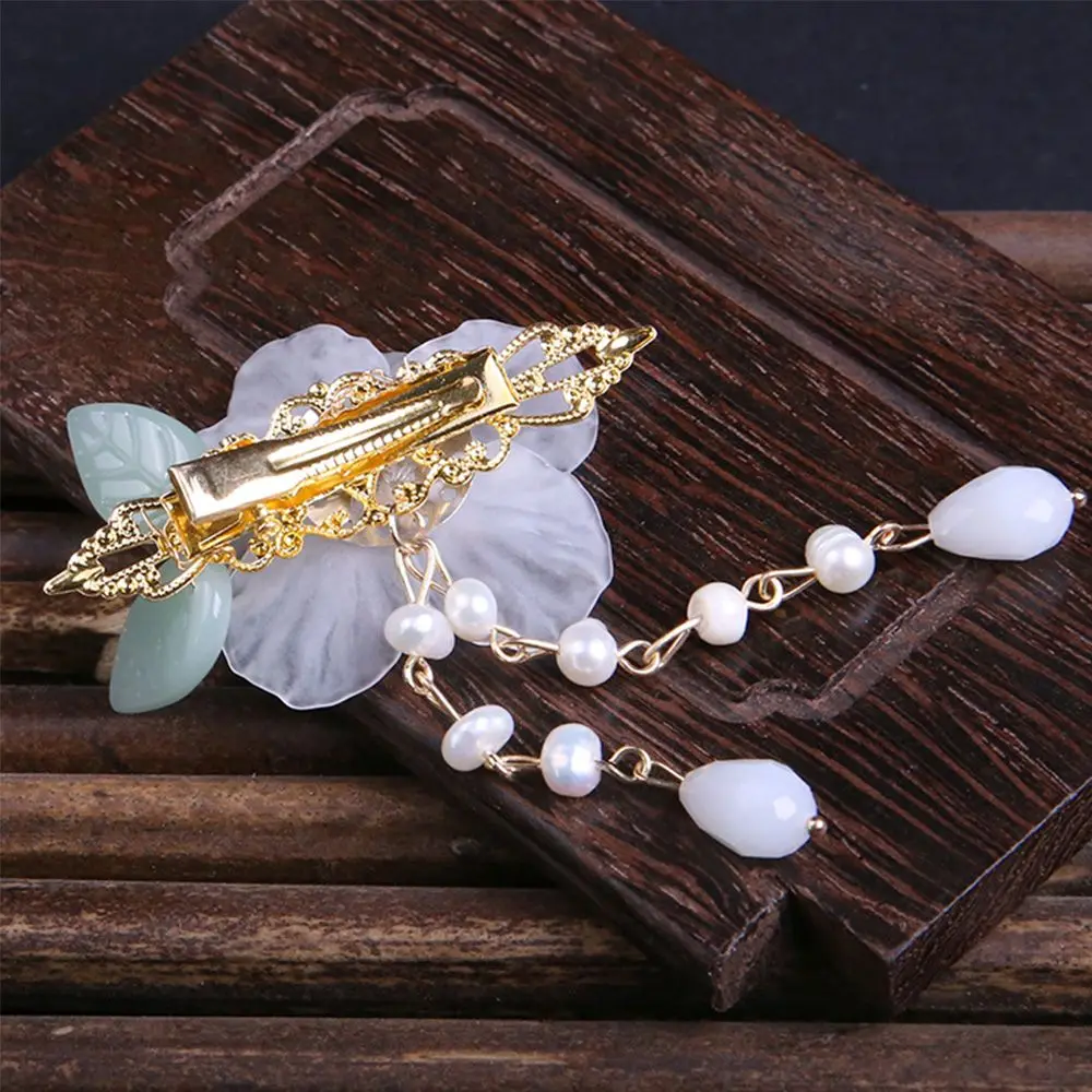 Chinese Style Girls Hair Pin Children Green Leaf Side Clip Wedding Party Duckbill Clip White Crystal Flower Hair Clips